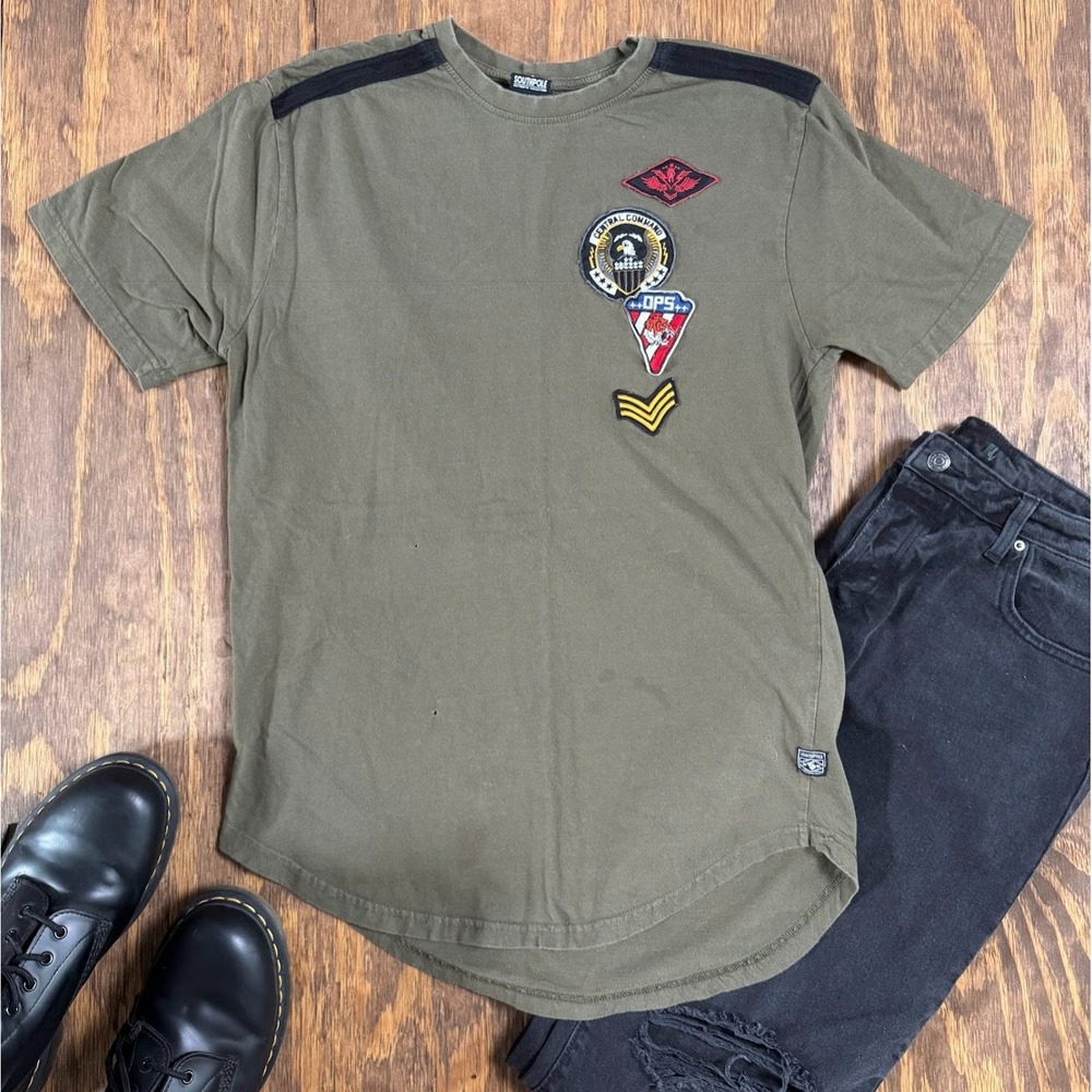 Southpole Military Patch Graphic T Shirt Men's XL Olive Green Y2K Streetwear